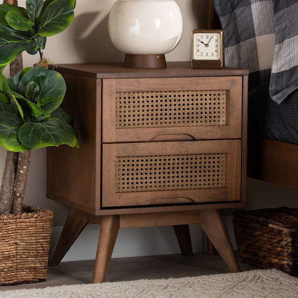 Baxton Studio Barrett Mid-Century Walnut Brown Finished Wood and Synthetic Rattan 2-Drawer Nightstand 192-11298-ZORO - main